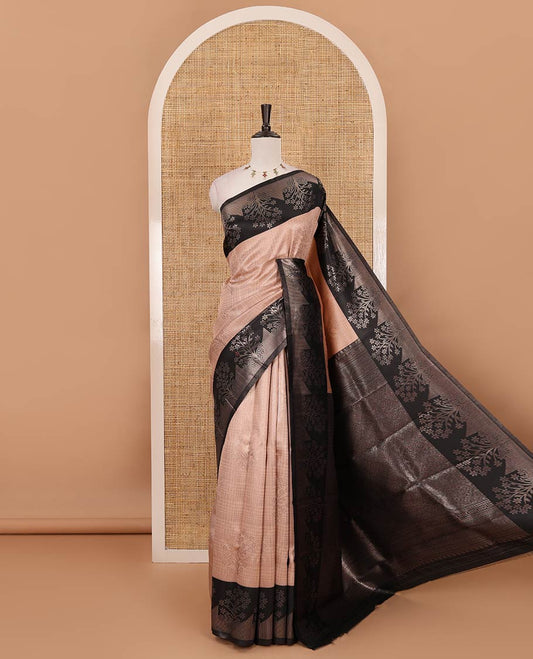 Peach zari checked & floral buttas kanchi silk saree,contrast satin border of floral zari motifs,intrictae pallu & contrast plain blouse