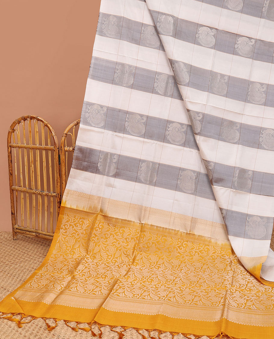 Borderless multi-color checked,peacock buttas soft silk saree with floral vine zari design pallu