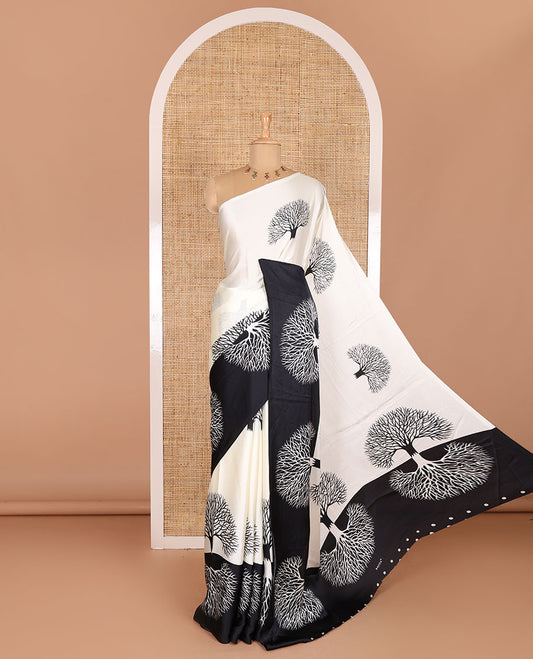 Half-white tree motifs digitally printed Gajji silk saree with contrast printed border of upside down tree motifs, and contrast printed blouse