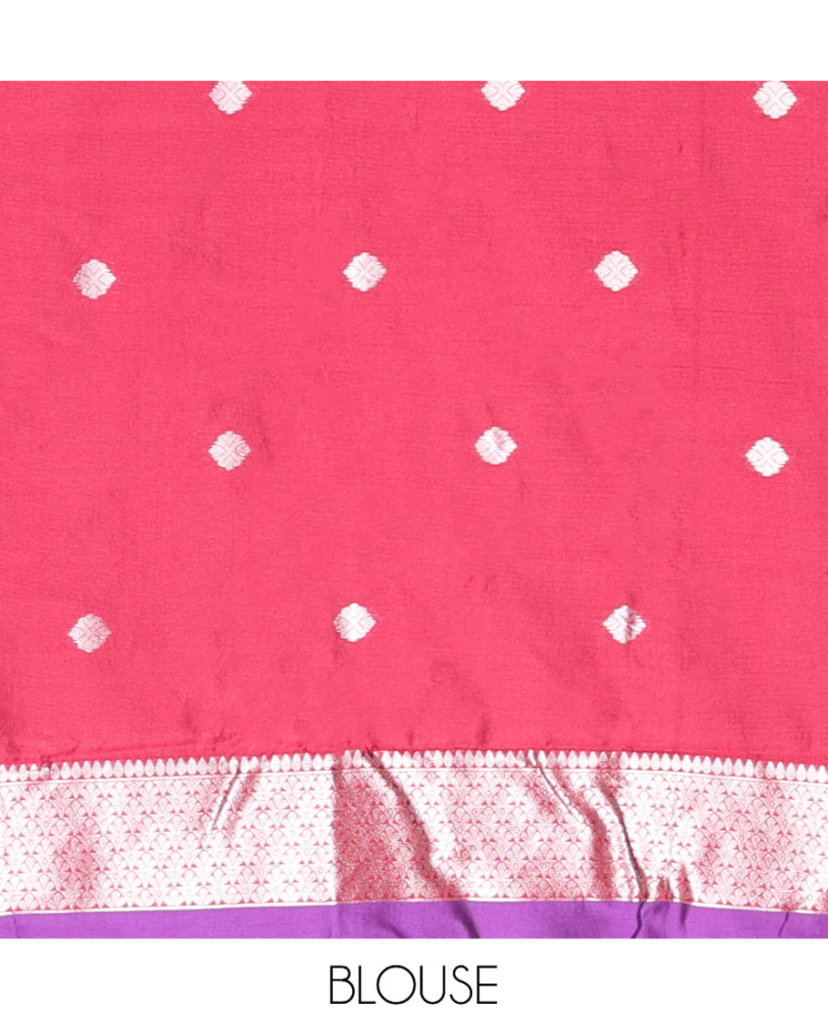 Violet Art Kanchi Silk Saree Features Jacquard Design, a Zari-Motif Border, Contrast Intricate Pallu, and a Contrast Blouse