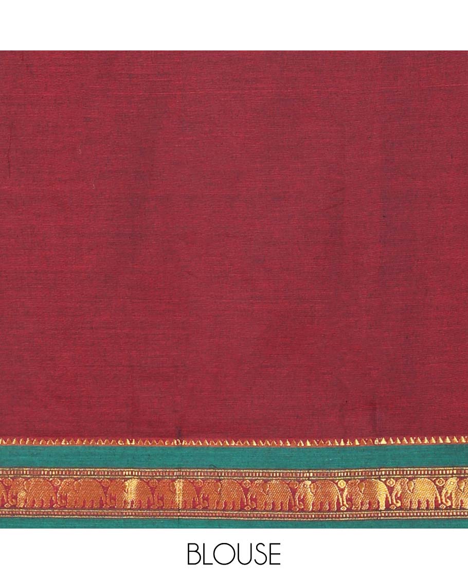 Blue cotton half saree with contrast zari border, plain blouse & plain with zari border dhavani