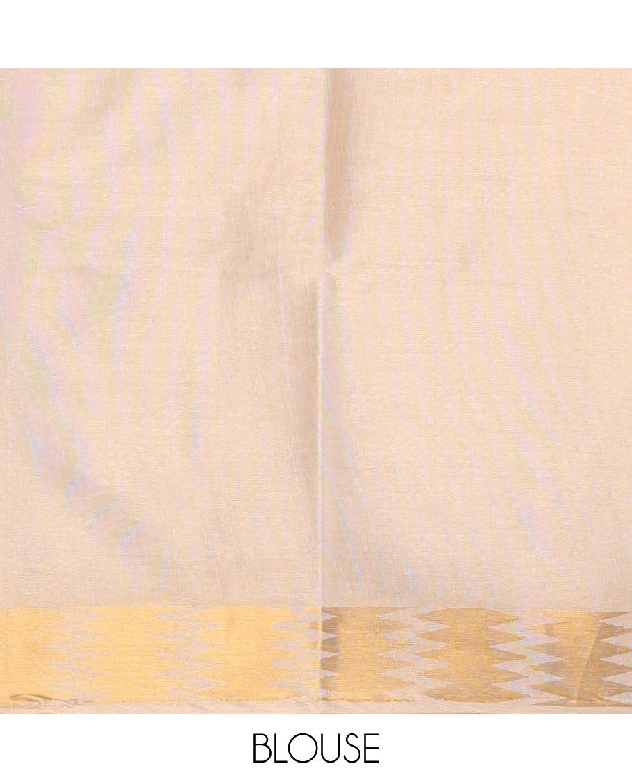 Cream thilakam motifs banarasi tissue saree, zig-zag gold zari border, zig-zag zari design pallu & running blouse