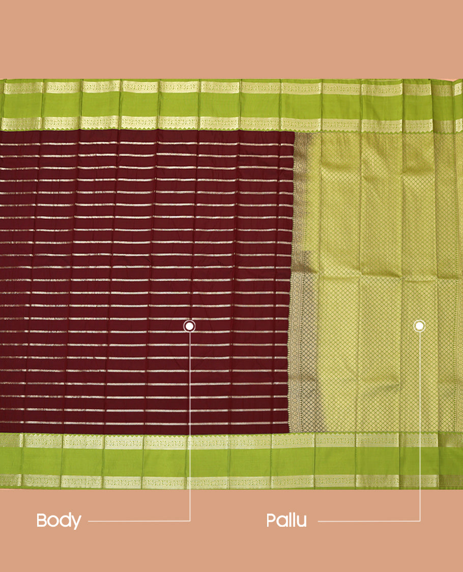 Maroon Budget Silk Saree, Bedecked with Neli Stripes, a Contrast Traditional Zari Rettai Pettu Border, Jaal Pallu, and a Contrast Blouse
