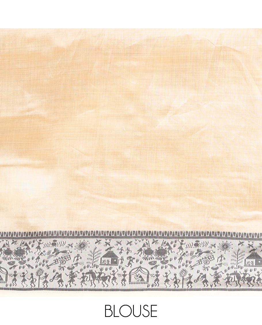 Cream art tussar silk saree with thread border & cheer pallu along with running blouse