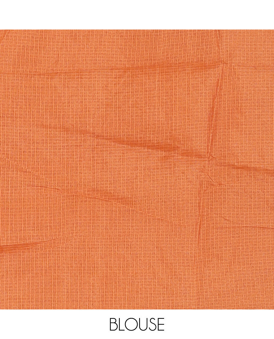 Orange star flower motifs chikankari-style embroidered kota check saree, lace border & matching checked blouse