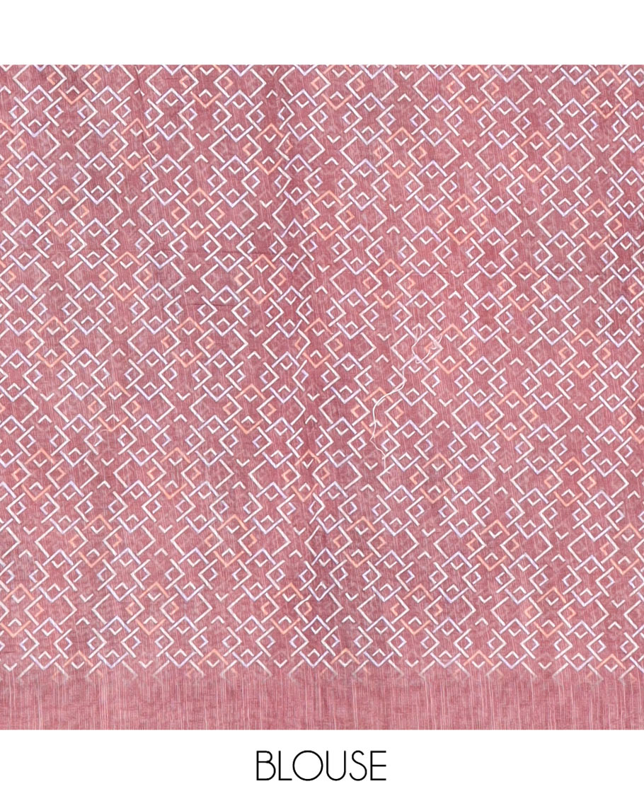 Maroon Linen Cotton Saree, Decorated with Floral and Deer Motifs Print, a Contrast Border, Striped Pallu, Contrast Blouse
