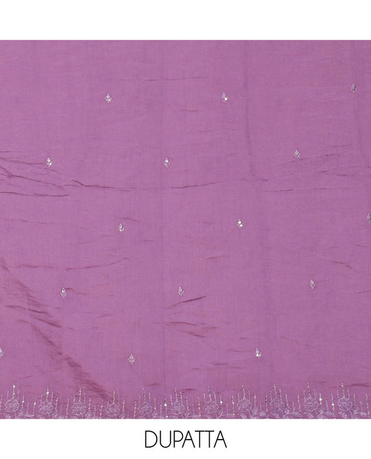 Lavender material chudidar set, Kashmir embroidered and sequins work mul chanderi top, plain santoon bottom, and scallop embroidered dupatta