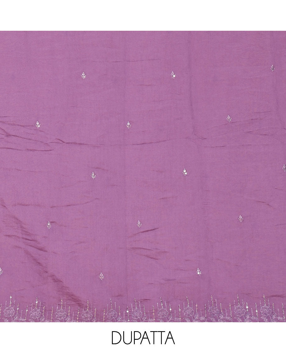 Lavender material chudidar set, Kashmir embroidered and sequins work mul chanderi top, plain santoon bottom, and scallop embroidered dupatta