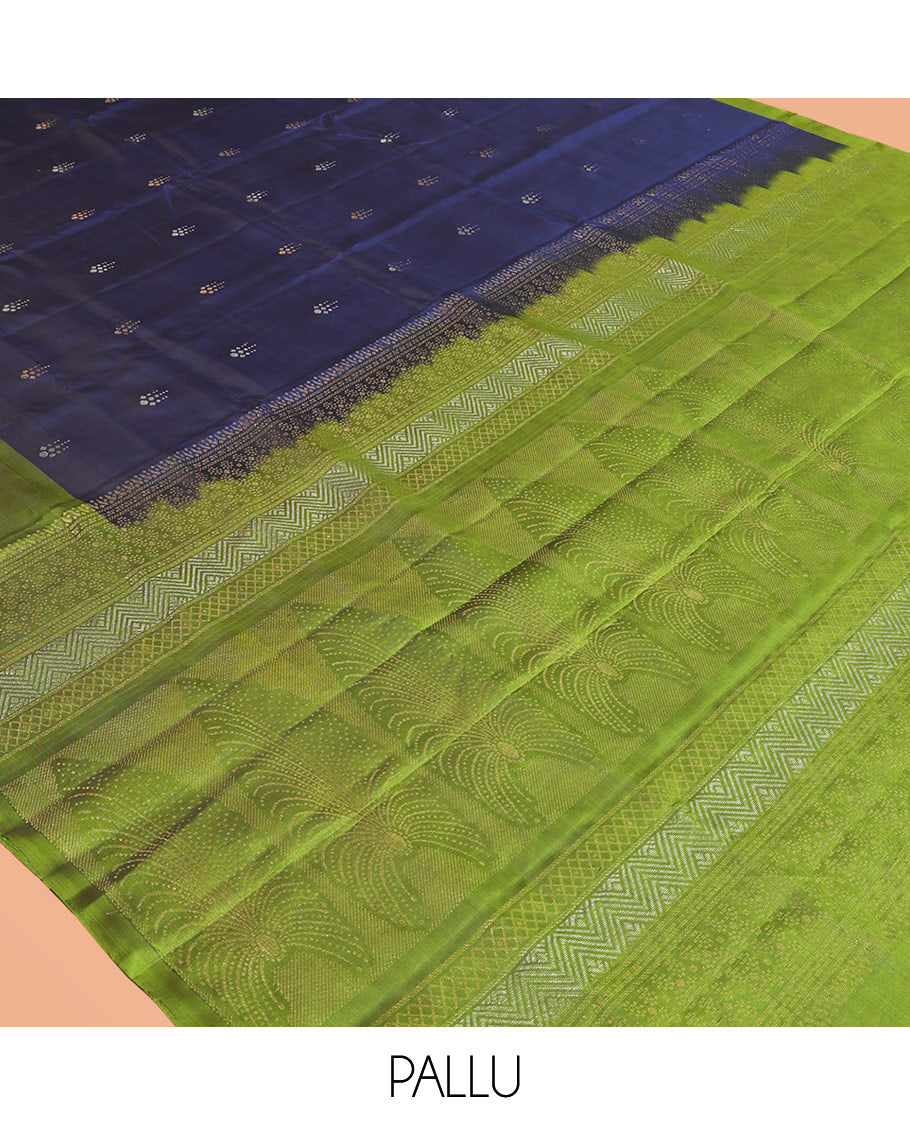 Blue Mayuri Lite Silk Mix Saree, Adorned with Zari Buttas, Complemented by a Contrast Zari Buttas Woven Border, Sparsely Woven Pallu, and a Contrast Blouse