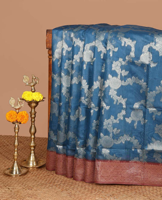 Blue jaal zari weaving banaras brasso saree with contrast jacquard border & rich weaving pallu along with butta design blouse