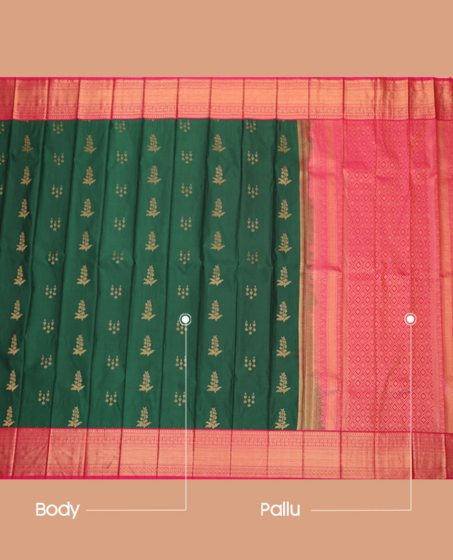 Green Budget Silk Saree, Embellished with Zari Buttas, a Contrast Traditional Zari Border, Jaal Pallu, and a Contrast Blouse
