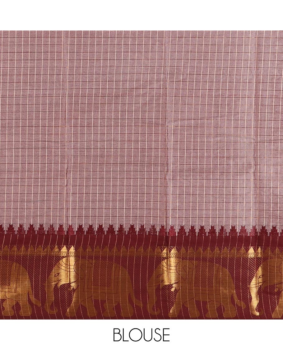 White checked semi-tafeta saree, contrast maroon temple zari elephant motifs border, zari-rich pallu & contrast checked zari border blouse
