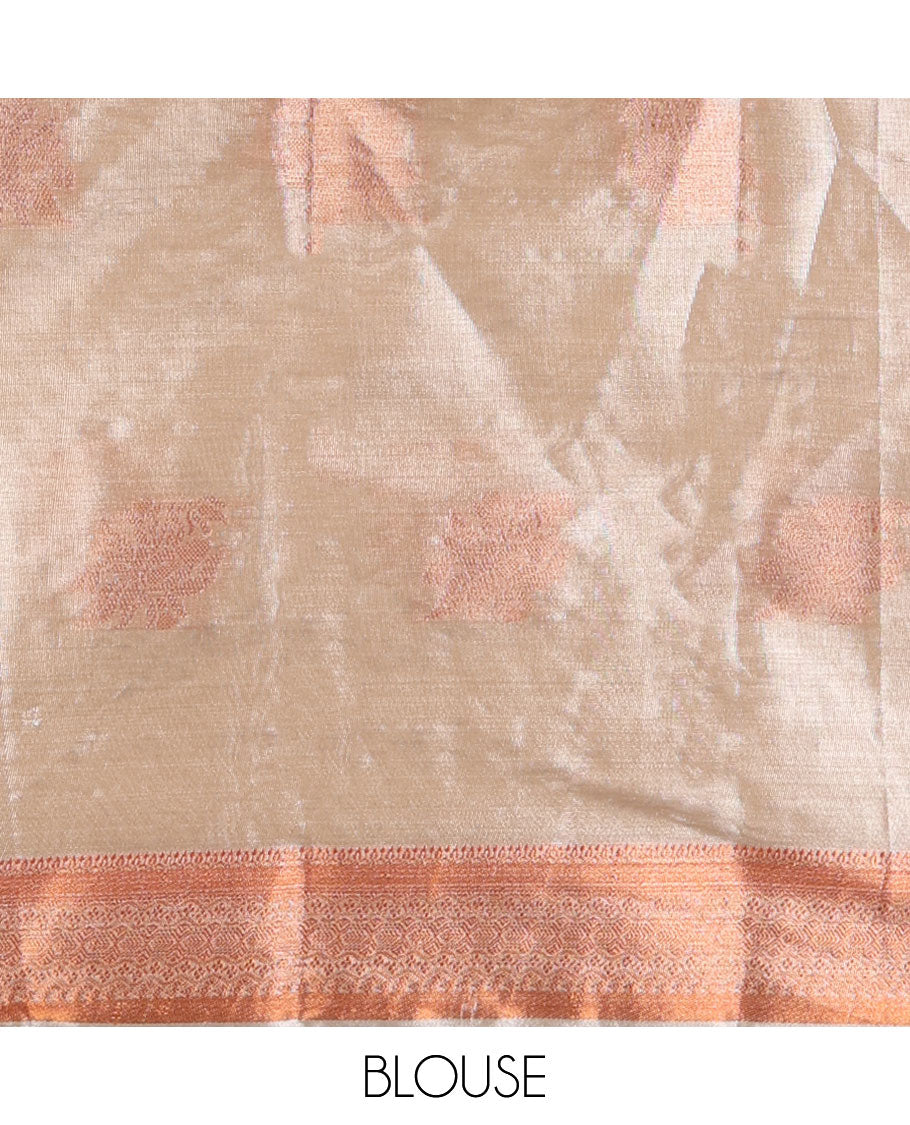 Light gold zari butta design banaras tissue silk saree with almond zari jacquard border & chit pallu along with running blouse