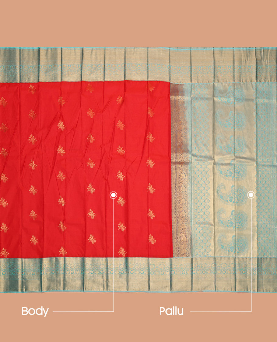 Orange Budget Silk Saree, Gleamed Up with Zari Buttas, Complemented by a Contrast Traditional Border, Grand Pallu, and a Contrast Blouse