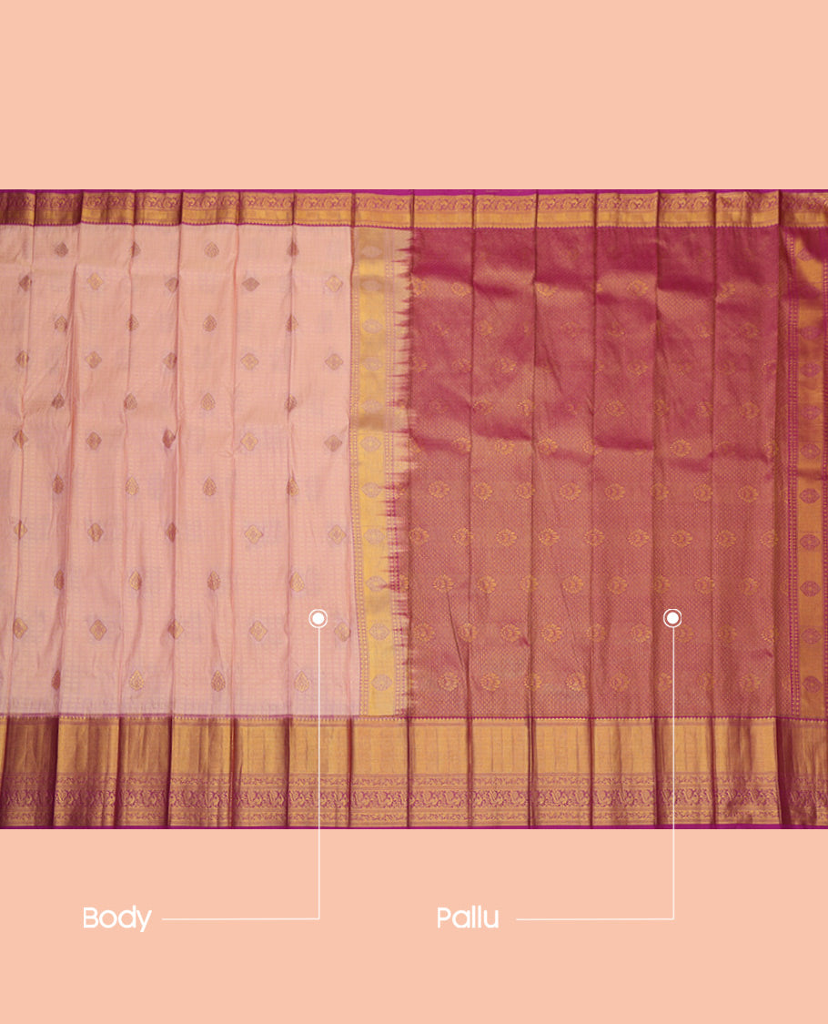 Pink Budget Silk Saree, Highlighted by Zari Buttas, a Contrast Traditional Zari Border, Grand Jaal Pallu, and a Contrast Blouse