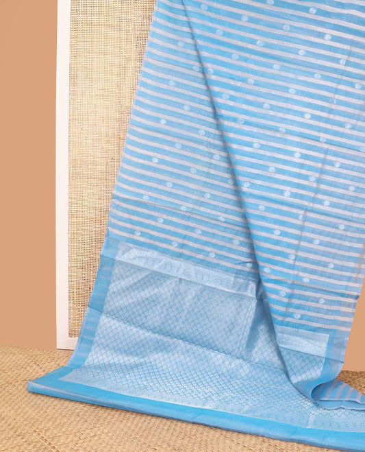 Borderless light blue striped, floral design silk cotton saree with floral jaal design pallu