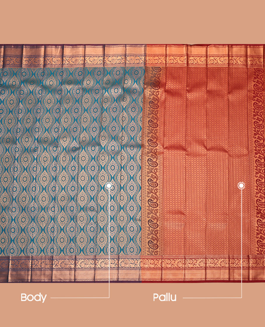Peacock Blue Budget Silk Saree, Beautified with Ogee Jacquard Design, Complemented by a Contrast Traditional Zari Border, Grand Pallu, and a Contrast Blouse
