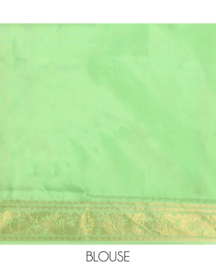 Pink Banana Pith Saree, Enriched with Buttas All Over Its Body, Complemented by a Contrast Border of Floral and Peacock Zari Designs, Pallu Steeped with Stripes and Buttas, and Paired with a Contrast Blouse