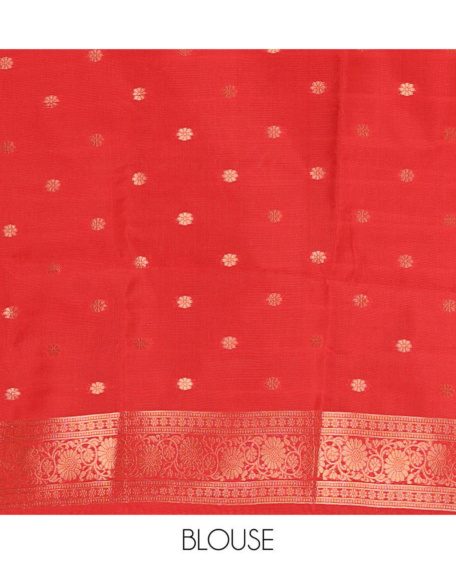 Red kanchi tissue jacquard saree, traditional zari temple border, zari woven jaal pallu & contrast small buttas blouse