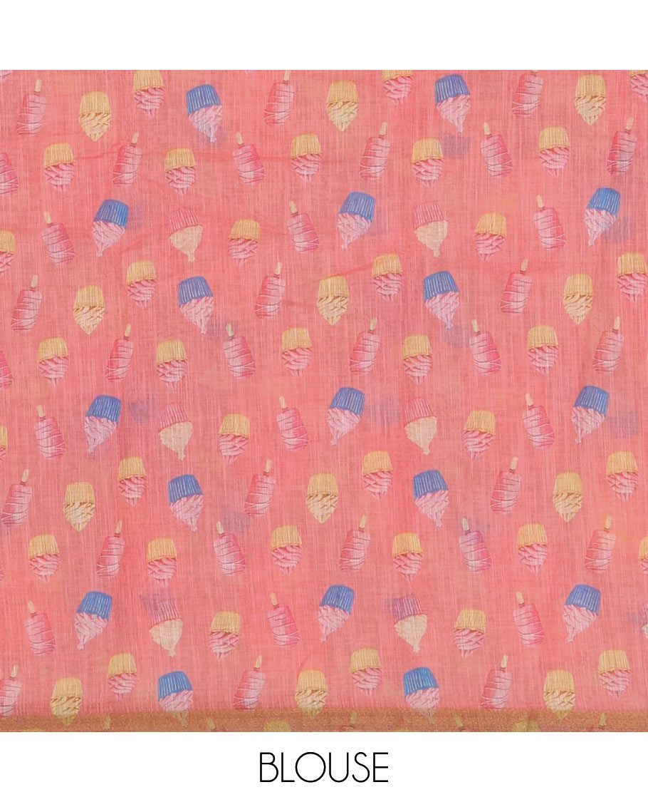Green cupcake & Ice Cream motifs printed Linen saree, piping border, contrast Cone Ice Cream motif printed pallu & pink printed blouse