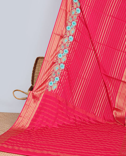 Red striped zari with floral embroidery mysore silk saree , contrast zari border & striped zari pallu
