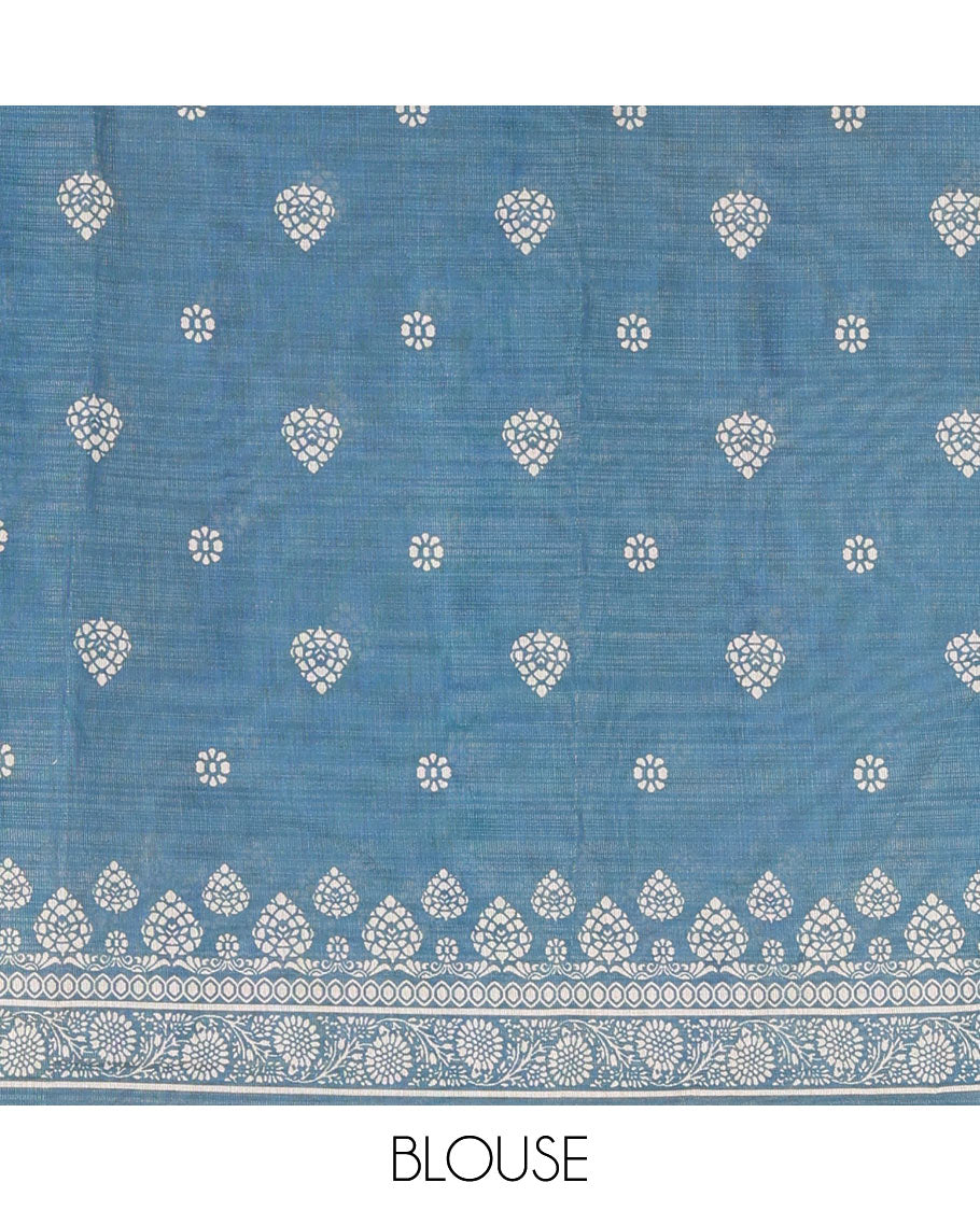 Borderless cream, colorful striped tissue saree, unique motifs printed blue color blouse