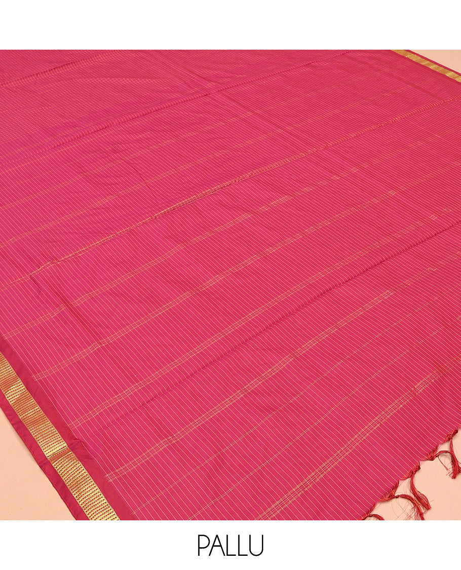 Dark Pink Checked Yard Saree, a Zari Border, Striped Pallu, and No Blouse