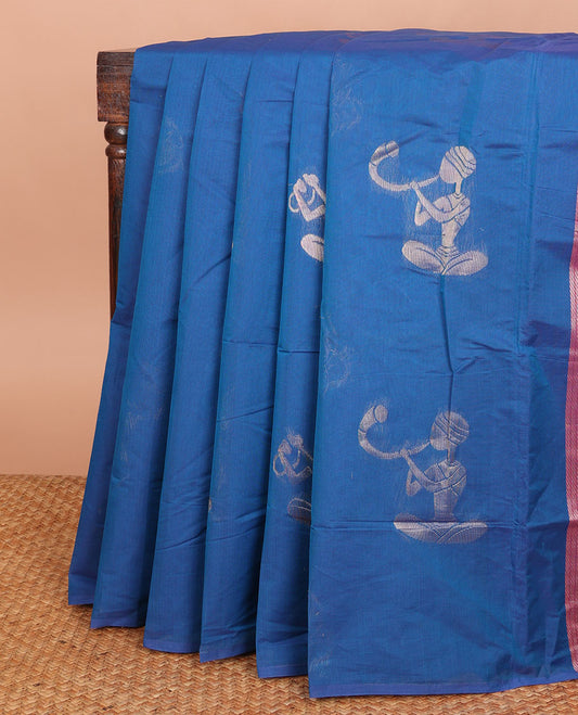 Borderless blue human playing a musical instrument-style motifs Combatiore cotton saree, contrast intricate pallu