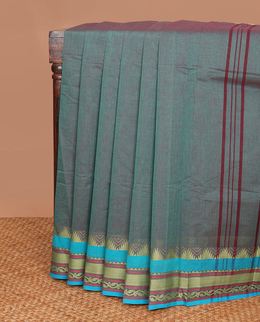 Green plain Chettinad cotton saree, contrast rettai pettu traditional zari border & vertical striped pallu