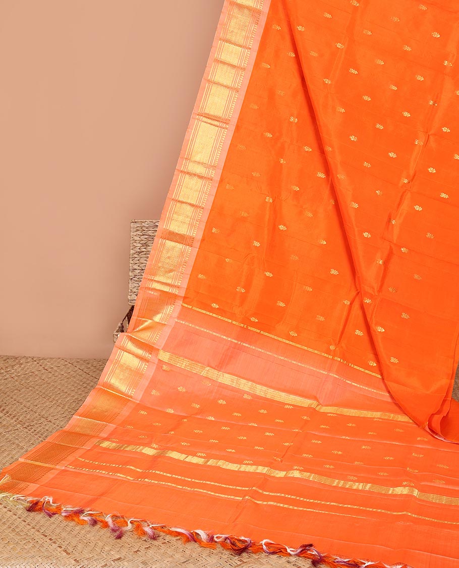 orange buttas kancheepuram silk saree with contrast border of sombu,banaras, muthu, jaal design & zari design pallu