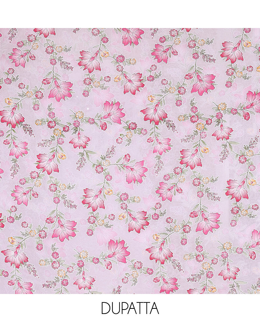 White-pink material chudidar set, floral vine printed with orginal mirror work Vichitra silk top, a matching bottom, and a floral vine printed georgette dupatta