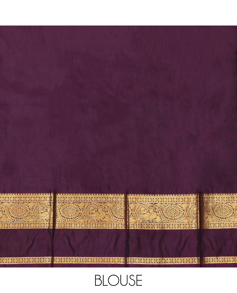 Grey Budget Silk Saree, Gleamed Up with Peacock-Floral Buttas, a Contrast Traditional Zari Rettai Pettu Border, a Jaal Pallu and a Contrast Blouse