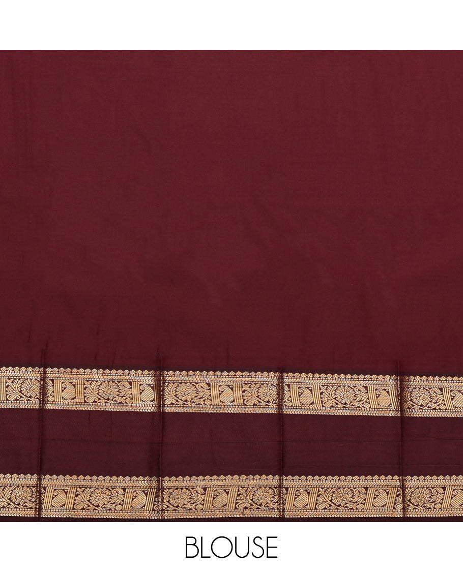 Pink Budget Silk Saree, Highlighted with Temple Buttas, Complemented by Contrast Traditional Rettai Pettu Border, Grand Pallu and a Contrast Blouse