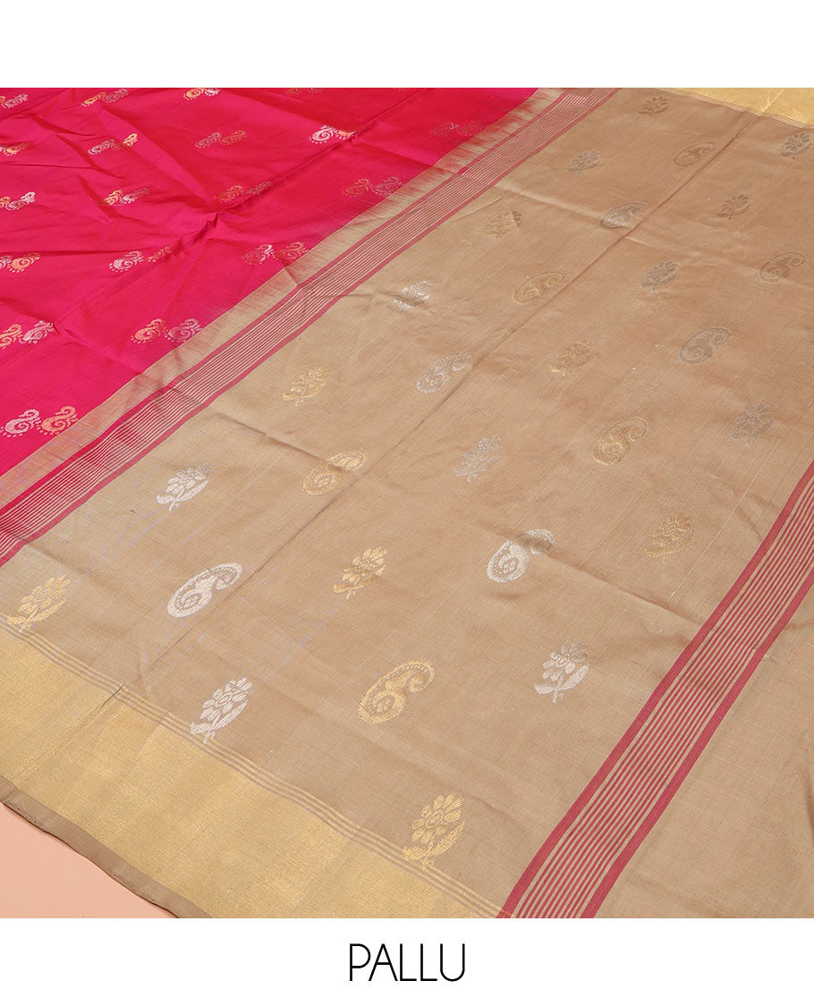 Pink Uppada Silk Saree, Graced with Zari Buttas All Over Its Body, Highlighted by a Zari Bavanji Border, Captivating Contrast Pallu of Zari Buttas, and Paired with a Contrast Blouse