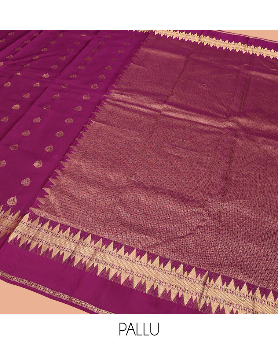 Purple Vasundhara Lite Silk Mix Saree, Elevated with Zari Buttas All Over Its Body, Highlighted by a Zari Rettai Pettu Border of Thazampoo Rekku, Laddu Kamalam, and Mayil Kann Designs, Gleaming Jaal Pallu, and Paired with a Matching Blouse