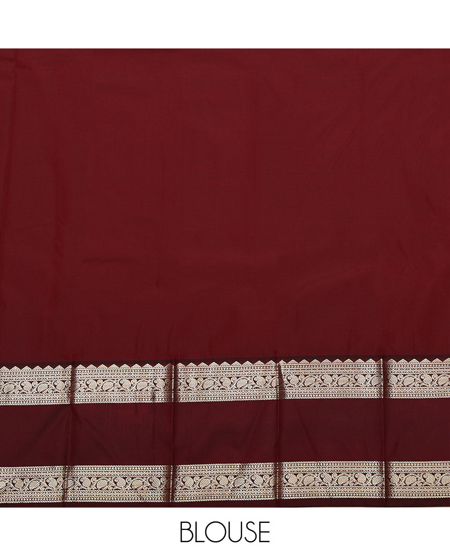 Orange Budget Silk Saree, Decked Up with Zari Buttas on Its Body, Complemented by a Contrast Traditional Zari Design Rettai Pettu Border, Grand Jaal Pallu, and Paired with a Contrast Blouse