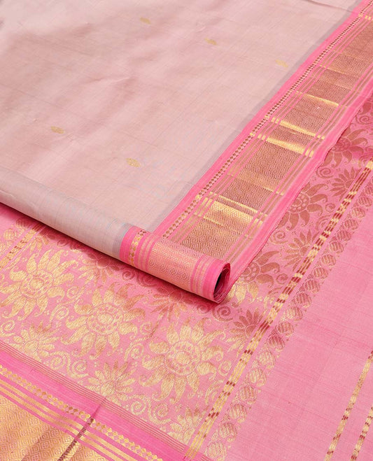 Lavender buttas kancheepuram silk saree with contrast border of zari design & floral design pallu