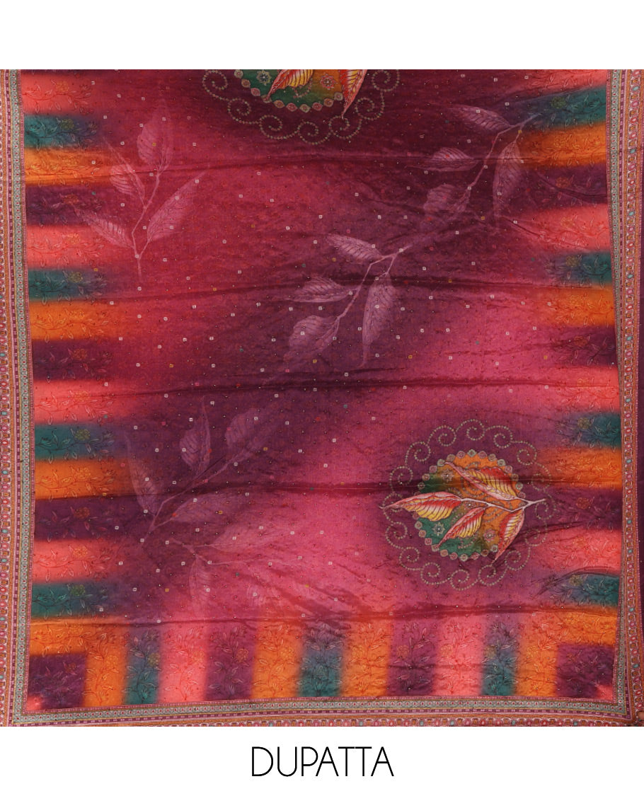 Wine chudidar material set, double-shaded daman flower design print with stone work crepe top, leaf motif print & lace work kaleidoscopic-colored chinon dupatta & plain crepe bottom