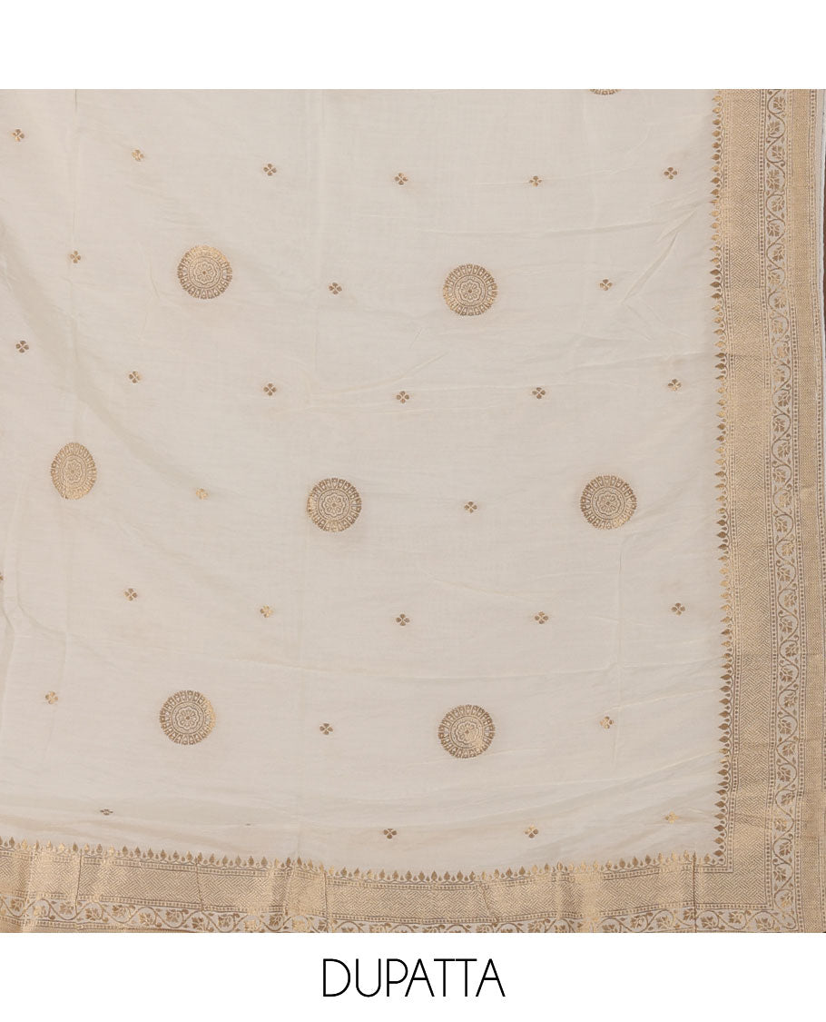 Cream banarasi mal chanderi material chudidar set, centre jacquard & zari buttas top, plain bottom & zari design dupatta