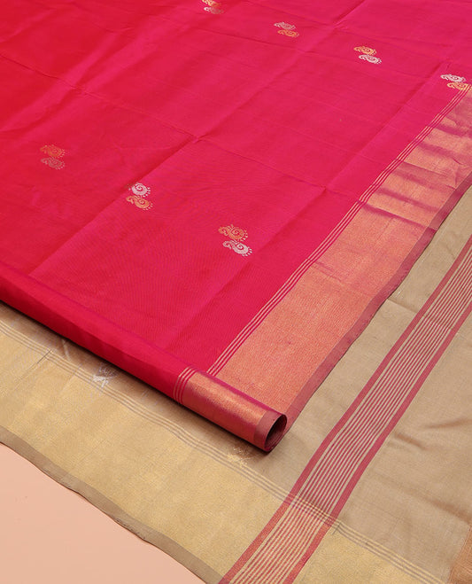 Pink Uppada Silk Saree, Graced with Zari Buttas All Over Its Body, Highlighted by a Zari Bavanji Border, Captivating Contrast Pallu of Zari Buttas, and Paired with a Contrast Blouse