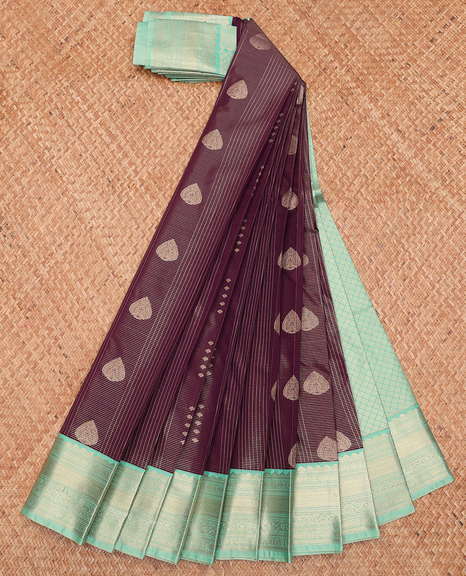 Brown Budget Silk Saree, Accentuated with Zari Designs, Complemented by a Contrast Traditional Border, Grand Pallu, and a Contrast Blouse