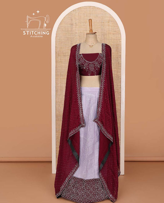 Lavender lehenga set, stone work with contrast embroidered border skirt, contrast stone work blouse, and micro stone work dupatta