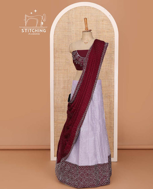 Lavender lehenga set, stone work with contrast embroidered border skirt, contrast stone work blouse, and micro stone work dupatta