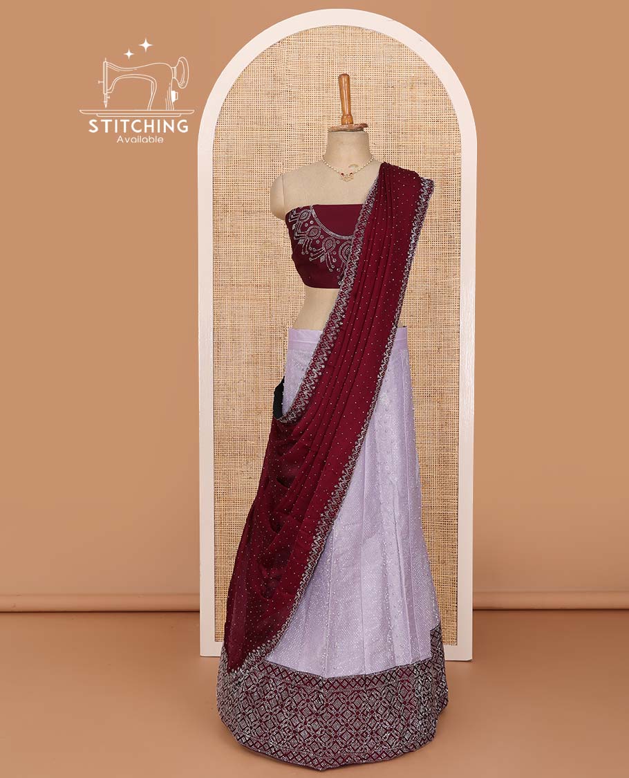 Lavender lehenga set, stone work with contrast embroidered border skirt, contrast stone work blouse, and micro stone work dupatta