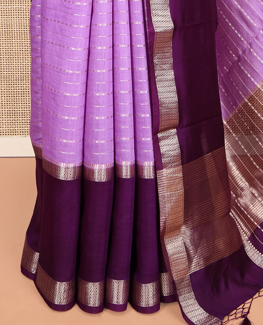 Lavender Zari Striped Assam Silk Saree, Complemented by a Contrast Traditional Zari Border, Zari-Striped Pallu, and a Contrast Blouse