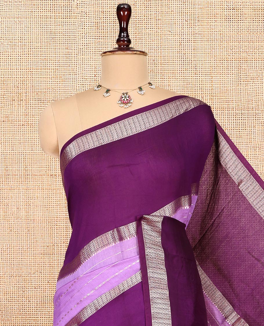 Lavender Zari Striped Assam Silk Saree, Complemented by a Contrast Traditional Zari Border, Zari-Striped Pallu, and a Contrast Blouse