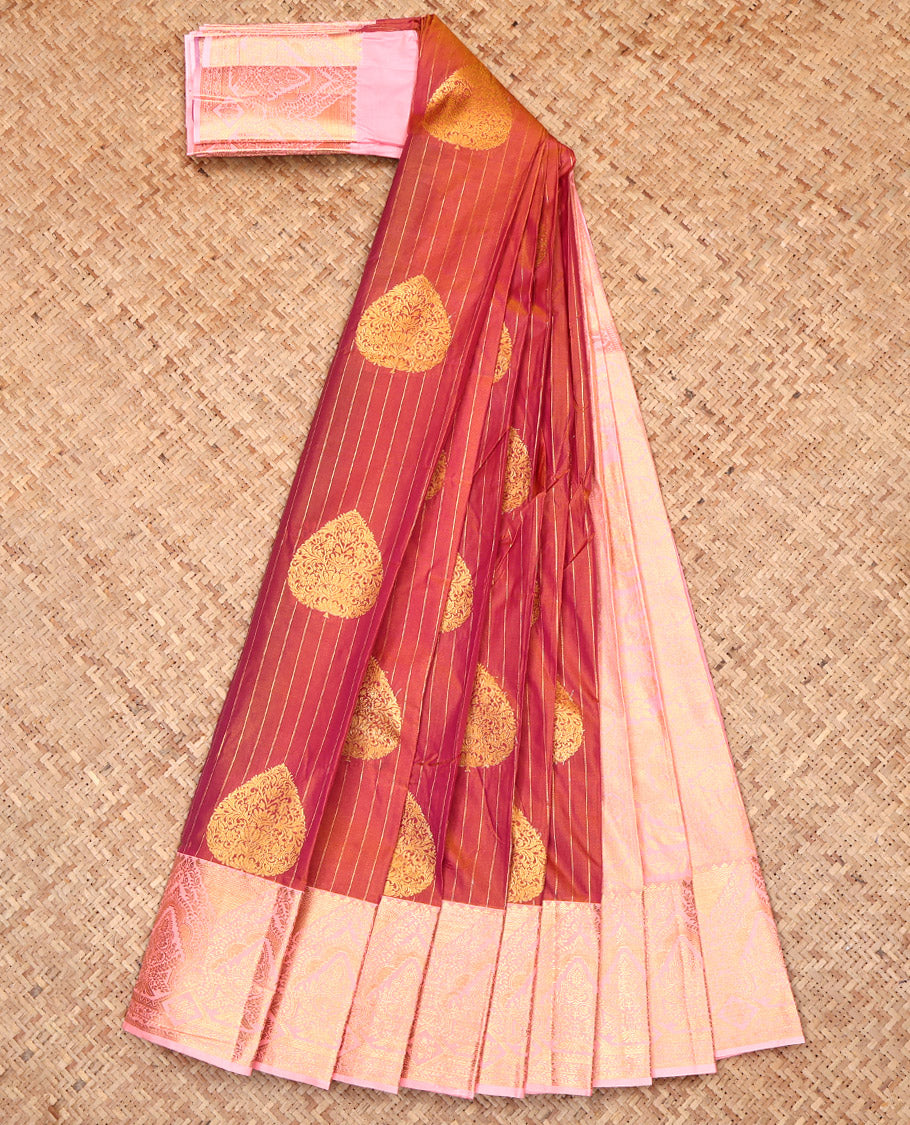 Dark Peach Budget Silk Saree, Adorned with Zari Buttas and Stripes, Complemented by a Contrast Traditional Border, Grand Pallu, and a Contrast Blouse