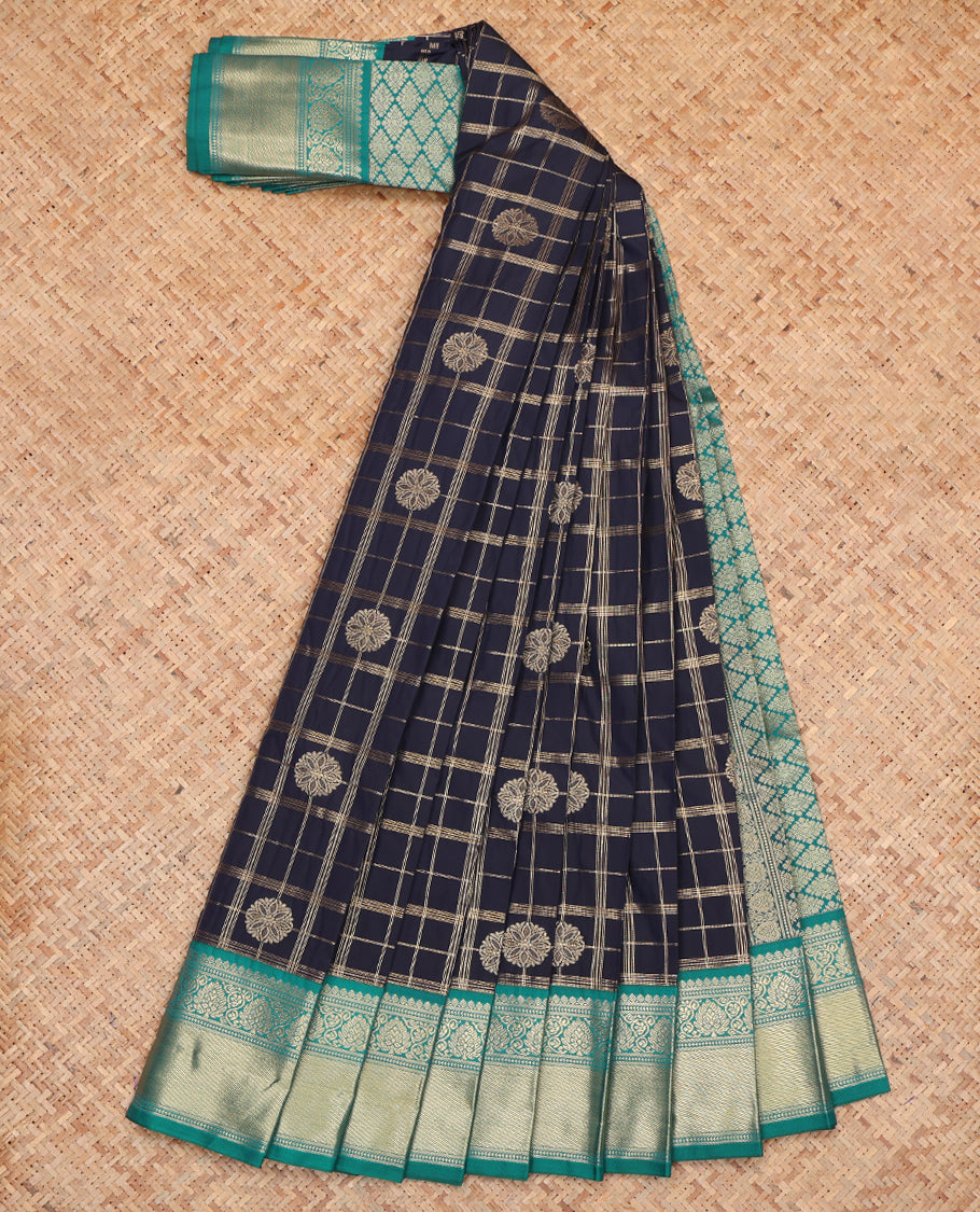 Blue Budget Silk Saree, Elevated with Zari Buttas and Checks, Complemented by a Contrast Traditional Zari Border, Grand Jaal Pallu, and Contrast Blouse