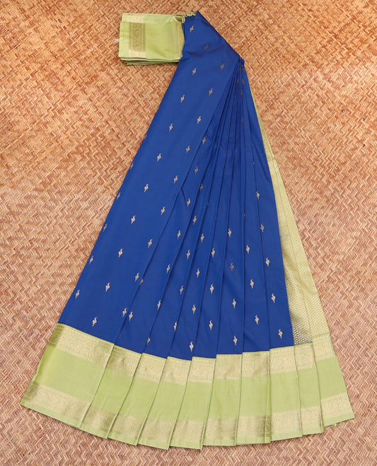 Royal Blue Budget Silk Saree, Accentuated with Zari Buttas, Contrast Traditional Zari Rettai Pettu Border, Grand Pallu, and a Contrast Blouse