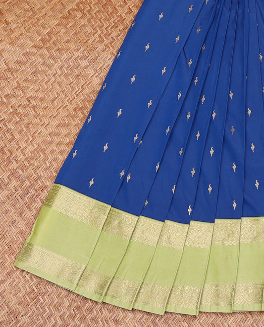 Royal Blue Budget Silk Saree, Accentuated with Zari Buttas, Contrast Traditional Zari Rettai Pettu Border, Grand Pallu, and a Contrast Blouse